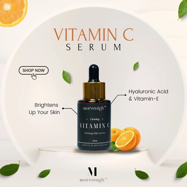 This static creative centers the Vitamin C serum bottle on a clean platform, using callouts to list key ingredients and benefits against an orange-themed backdrop.